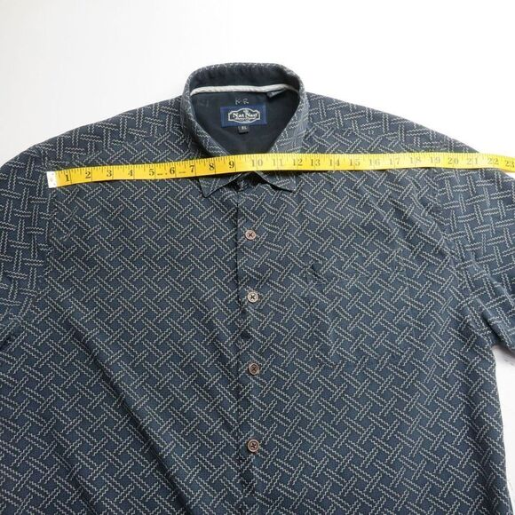 Nat Nast Silk Blend Button Down Shirt Men's Size XL Blue Zig Zag Weave Short Sle - Picture 8 of 8